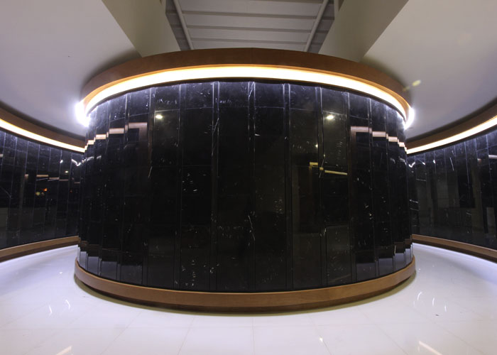 Área interior con pared curva de mármol negro y detalles de iluminación superior